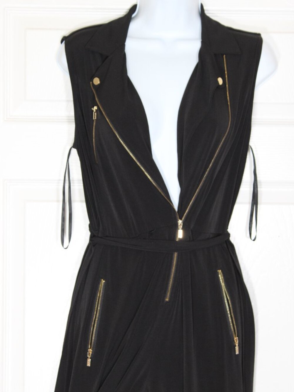 Calvin Klein Sleeveless Moto Jumpsuit Black Gold Zip 4
